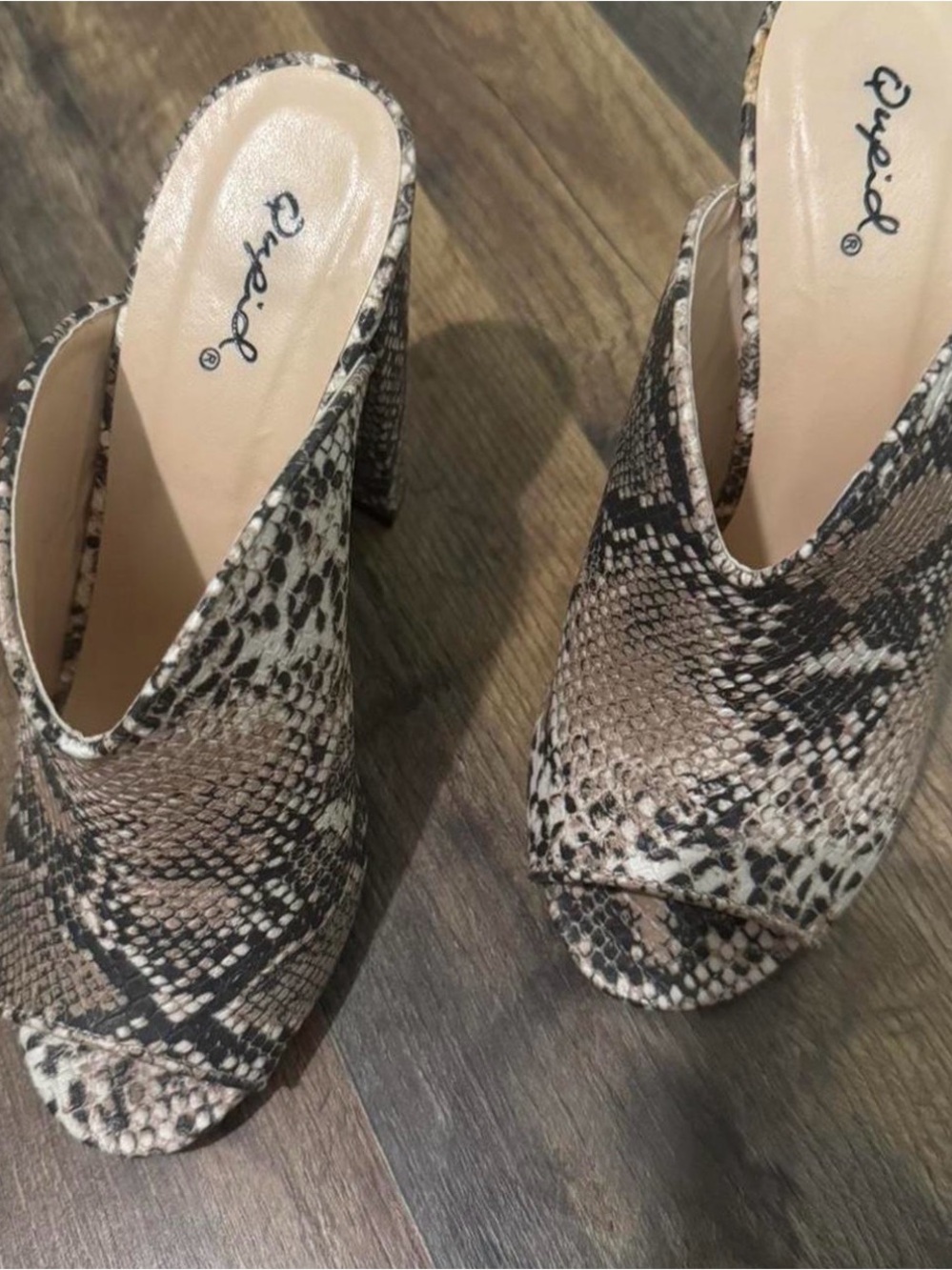 Qupid Snake-Print Open-Toe Mule Heels in Brown and Black